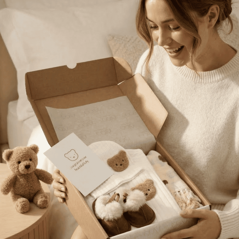 The Cozy Boucle Baby Bear Personalised Gift Box – Gift Sets for children, available at Learning Bugs UK