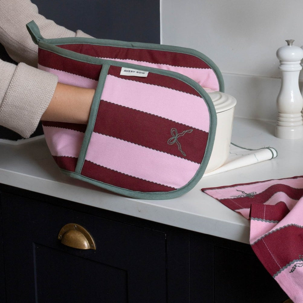 Avery Row Double Oven Glove in Bold Stripe Burgundy print, view 2