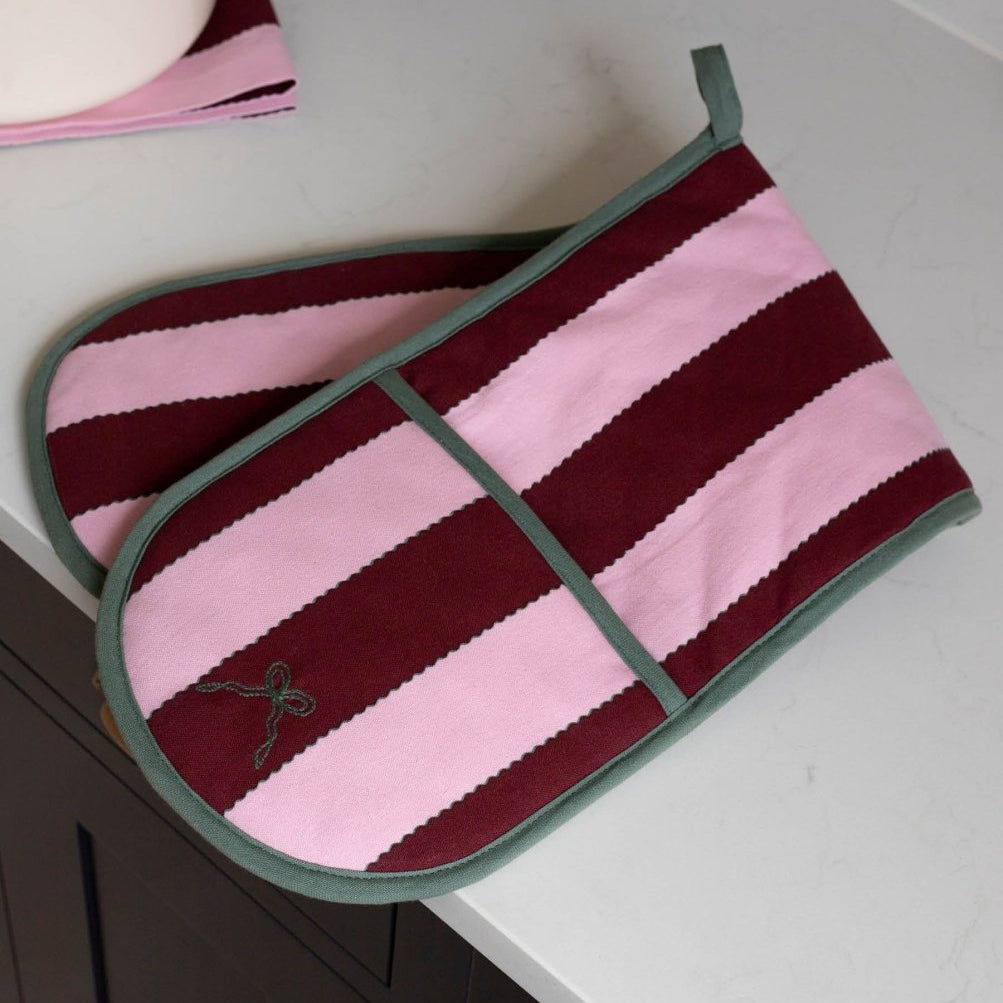 Avery Row Double Oven Glove in Bold Stripe Burgundy print, view 3