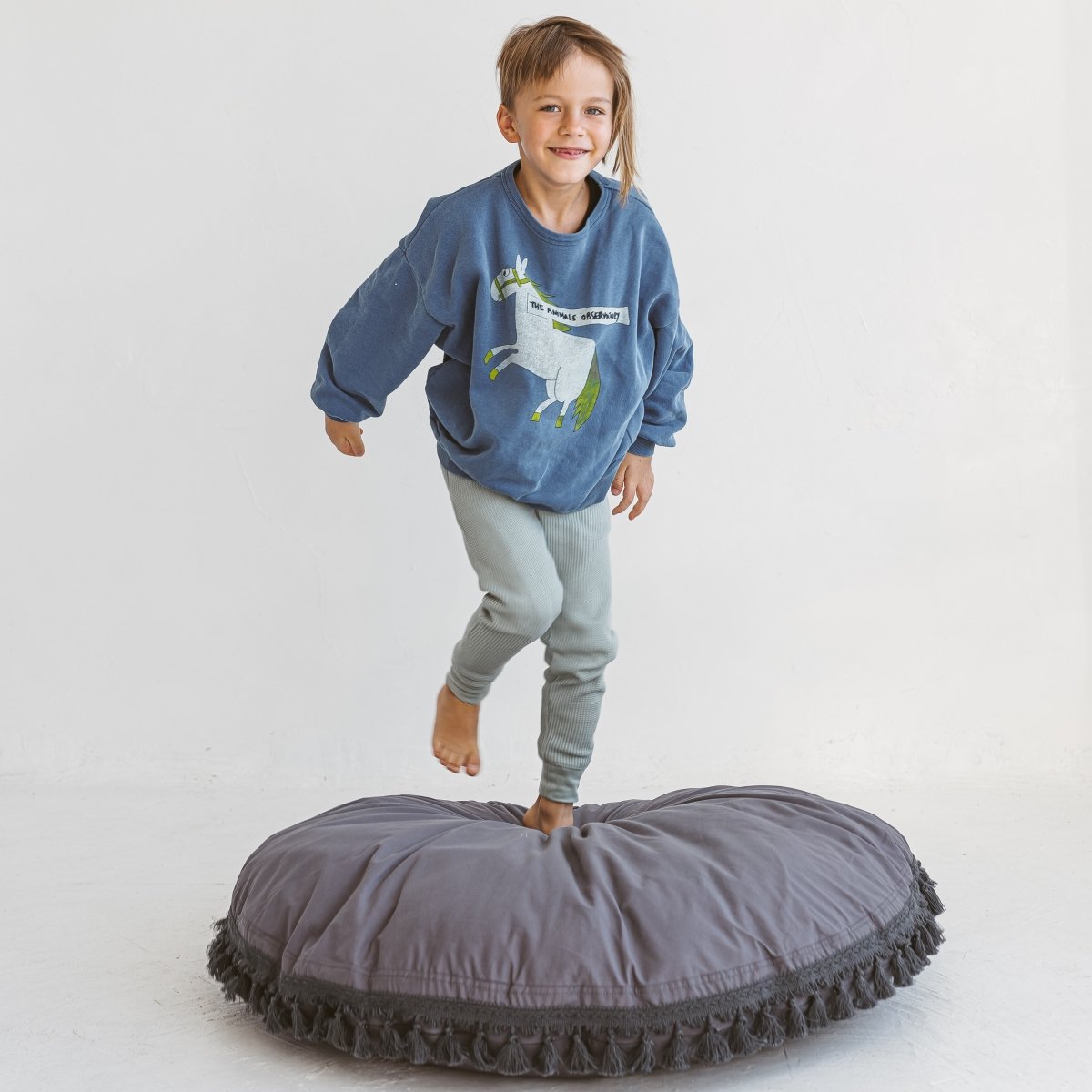 MINICAMP Large Floor Cushion with Tassels in Grey – Floor Pillows for children, available at Learning Bugs UK