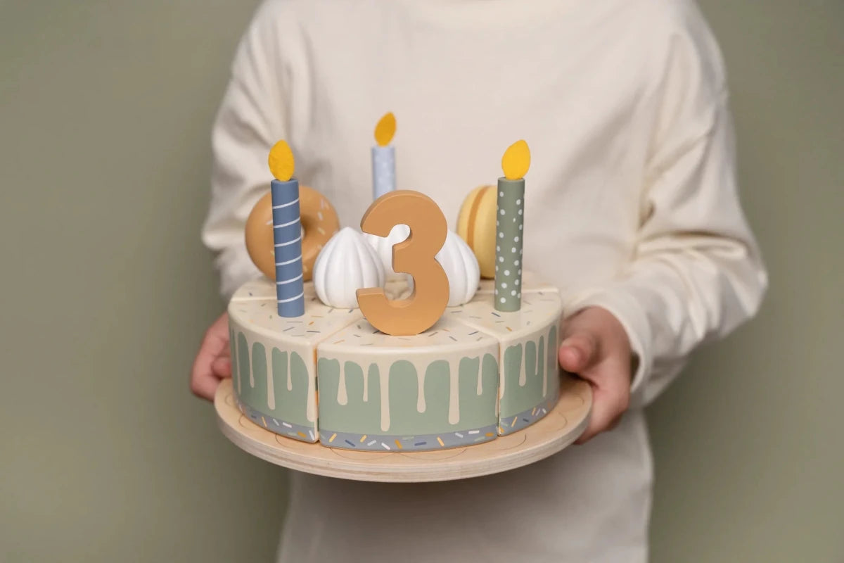 Little Dutch Wooden Birthday Cake Blue – Play Food for children, available at Learning Bugs UK