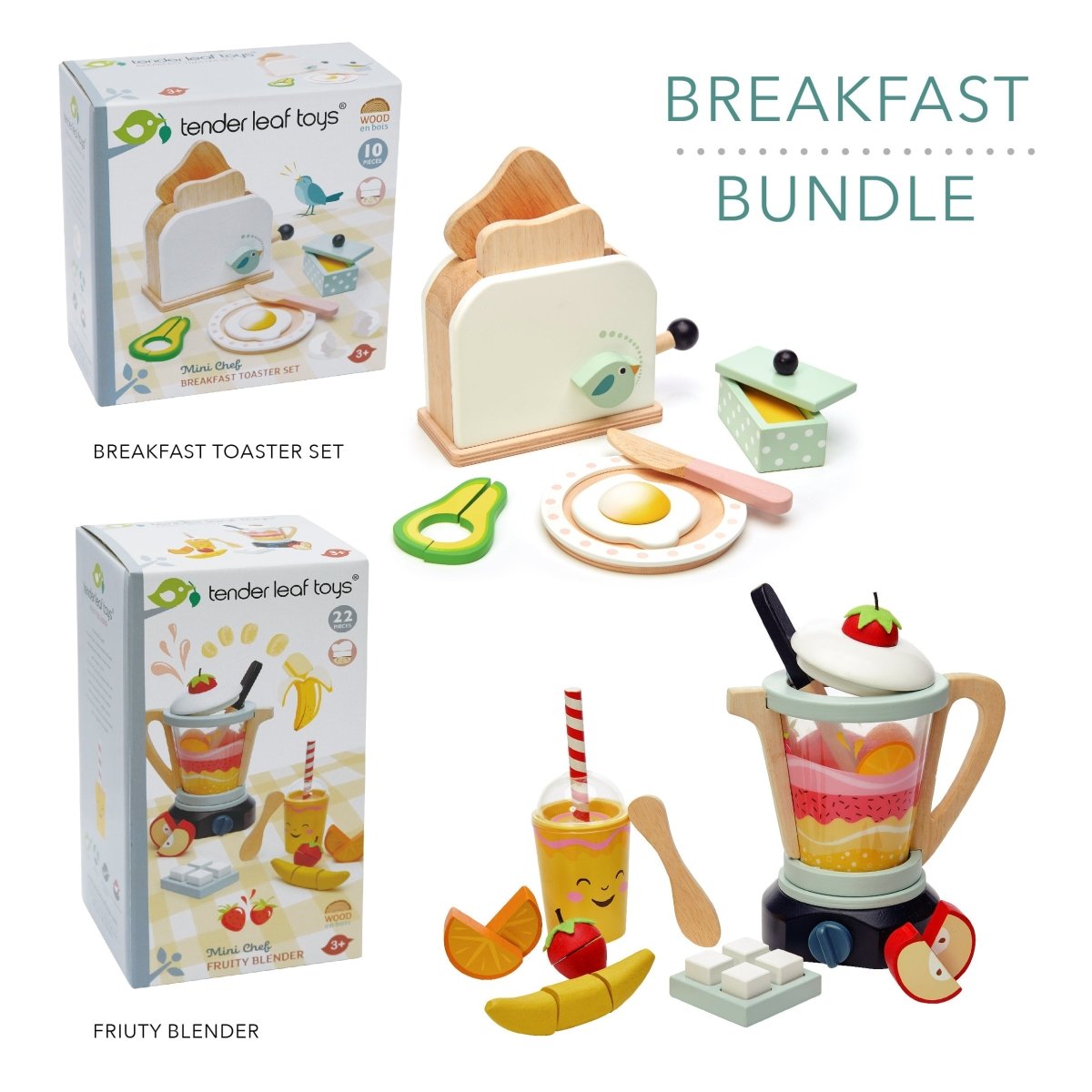 Breakfast Bundle (Toaster Set, Fruity Blender Set) – Wooden toy blender and toaster for children, available at Learning Bugs UK