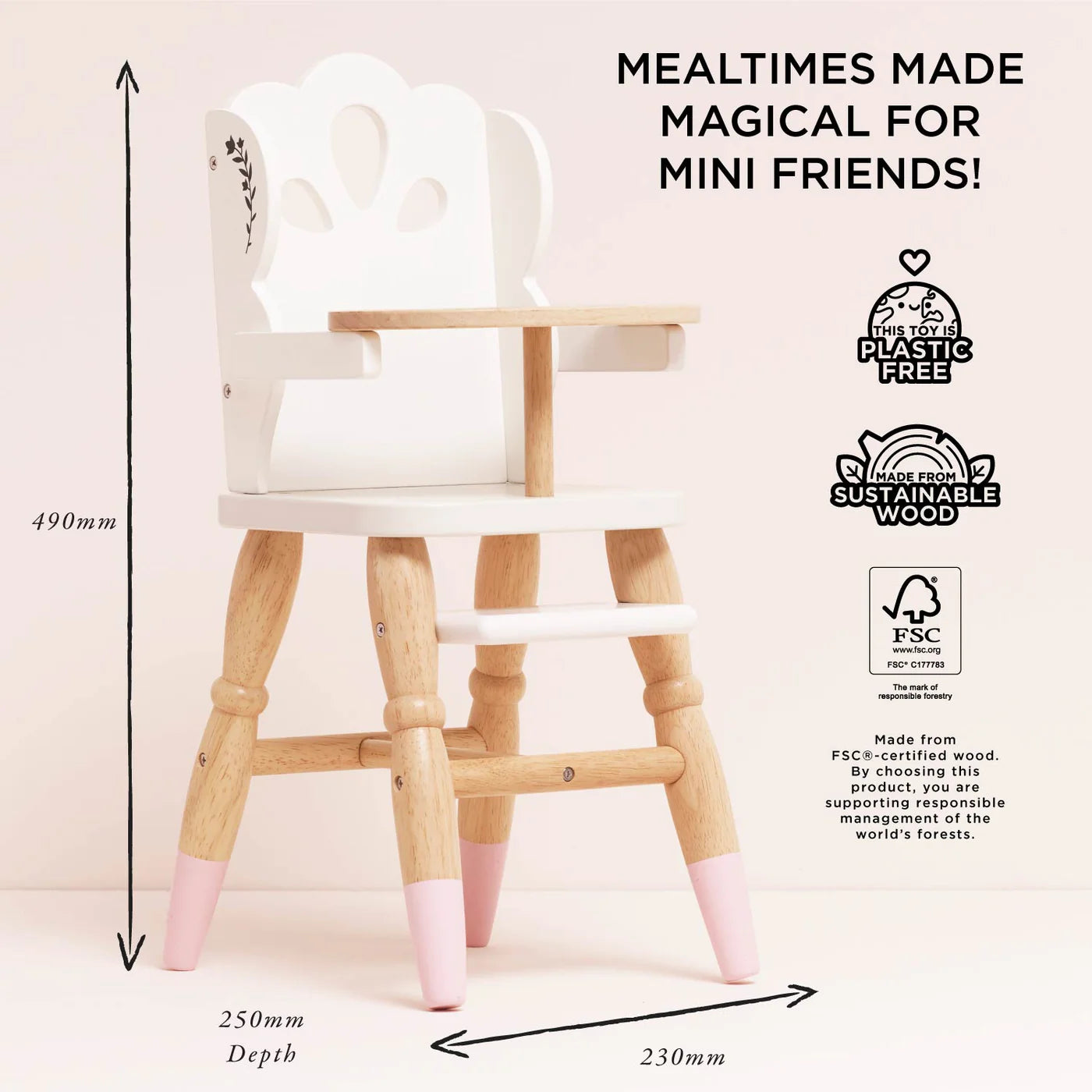 Le Toy Van Doll's Wooden High Chair – for children, available at Learning Bugs UK