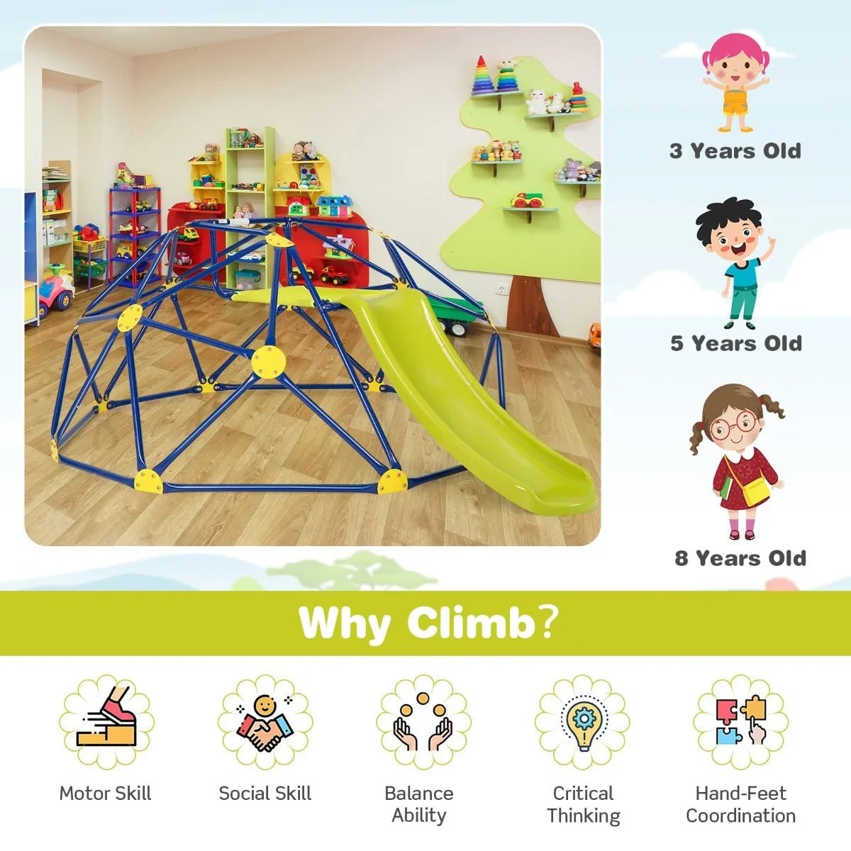 Buy Geometric Dome Climber and Play Set with Slide - Green | for kids by Learning Bugs UK