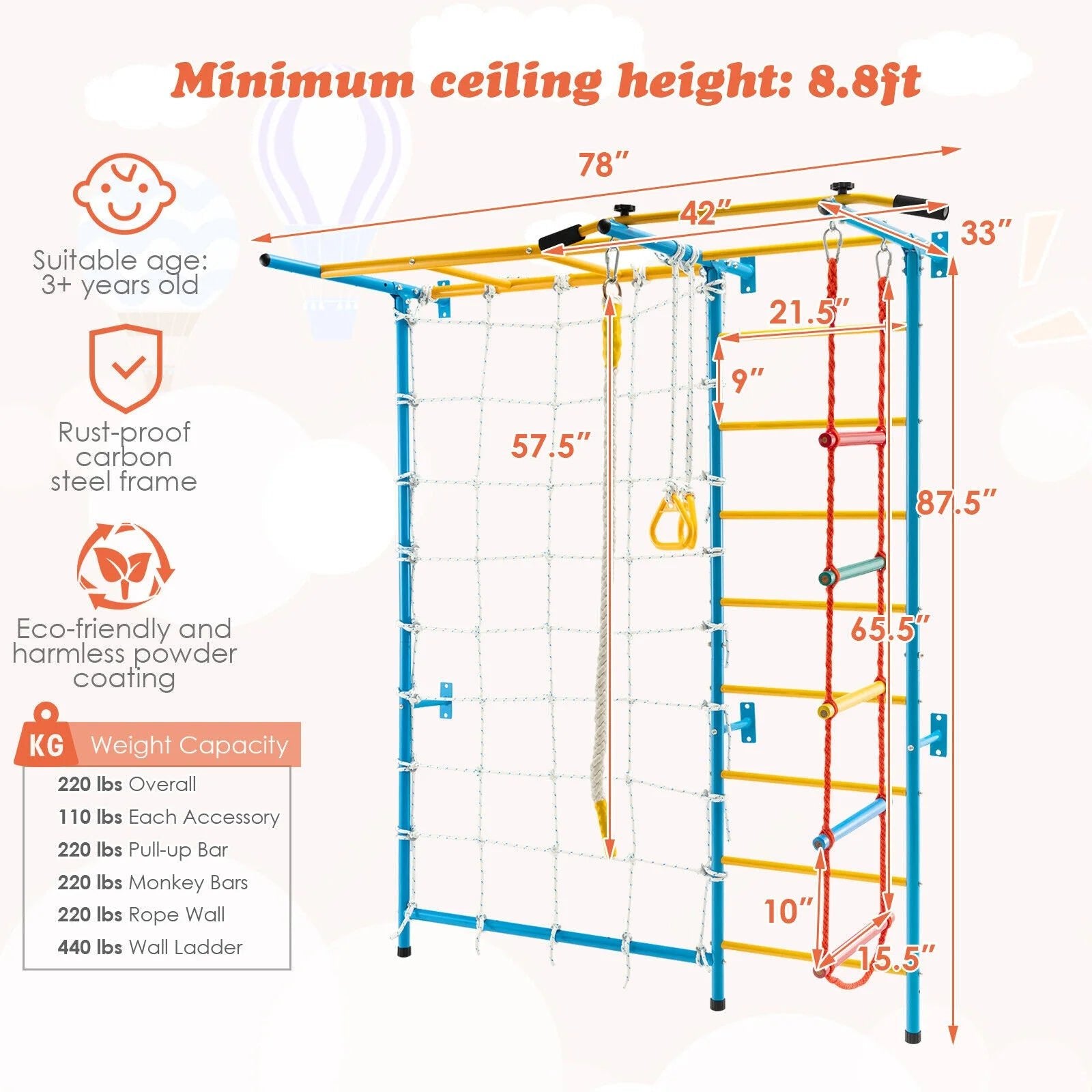 Buy Metal Swedish Ladder Wall Bars for Kids with Gym Rings Climbing Net - Yellow | for kids by Learning Bugs UK
