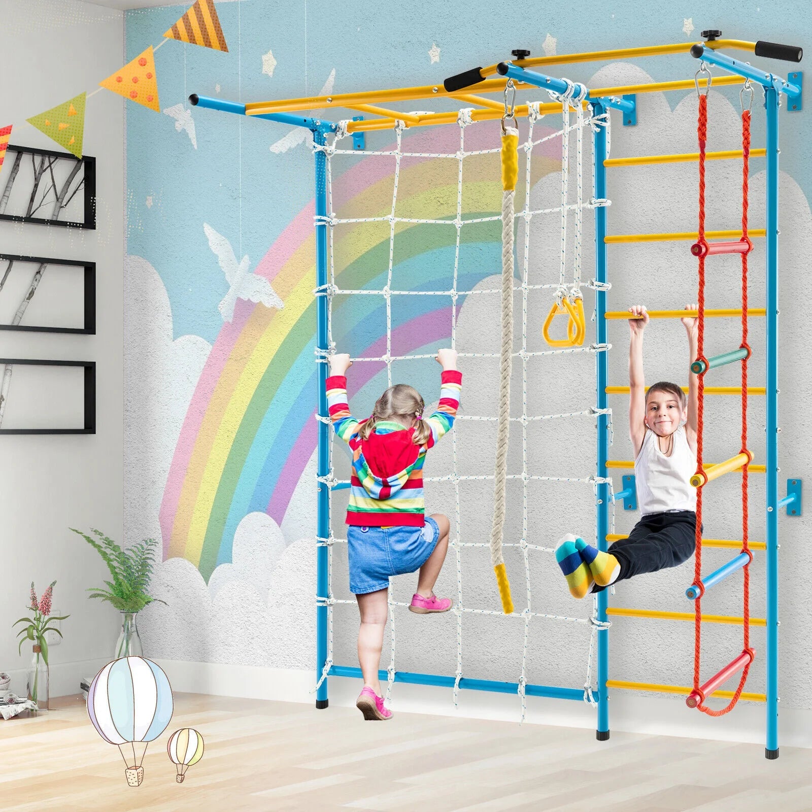 Buy Metal Swedish Ladder Wall Bars for Kids with Gym Rings Climbing Net - Yellow | for kids by Learning Bugs UK