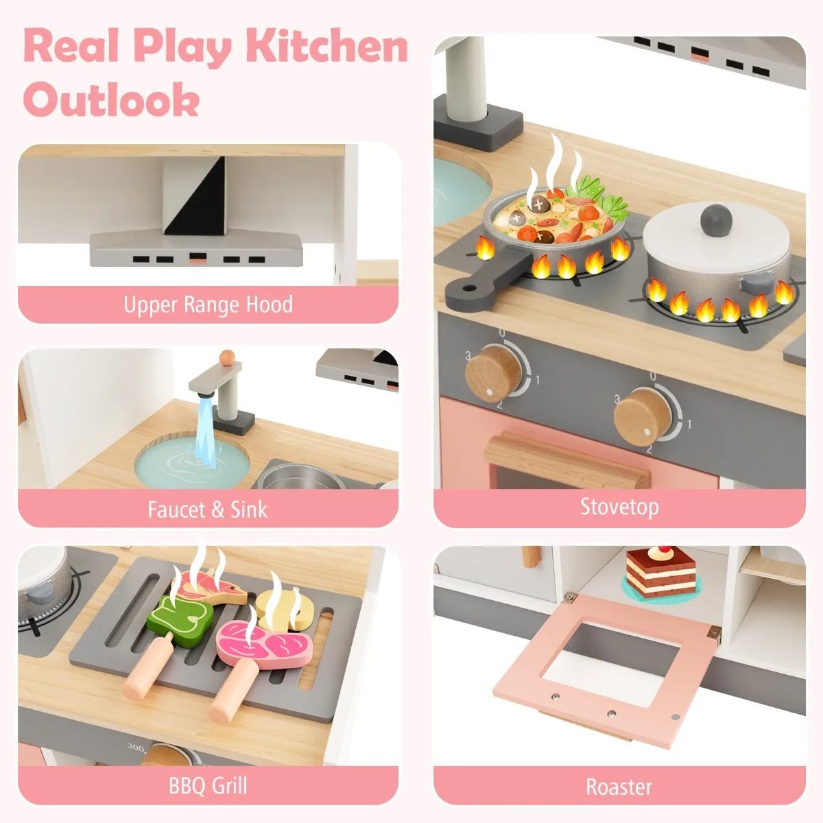 Buy Wooden Pretend Kids Play Kitchen Set with Realistic Range Hood | for kids by Learning Bugs UK