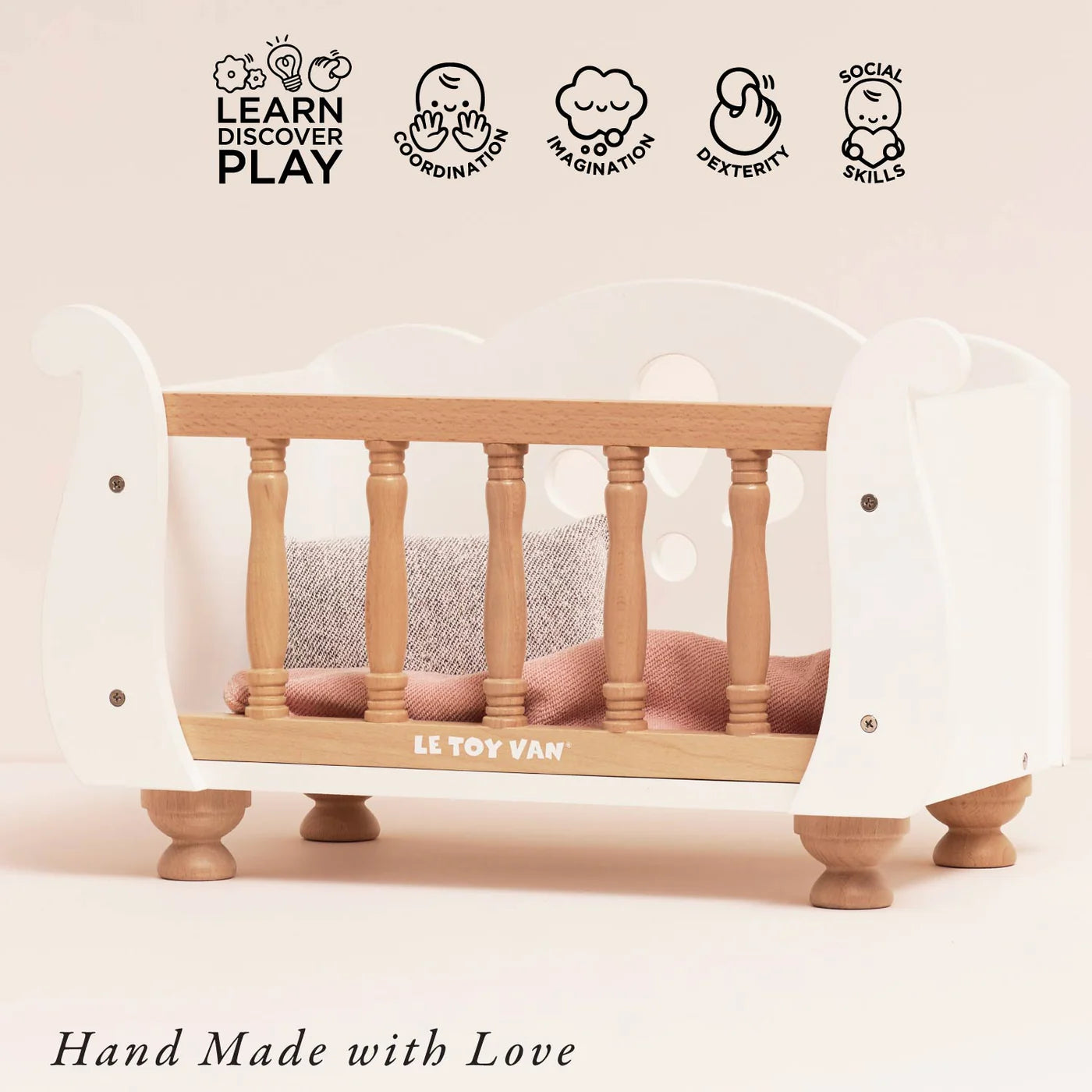 Le Toy Van Doll's Wooden Cot – for children, available at Learning Bugs UK