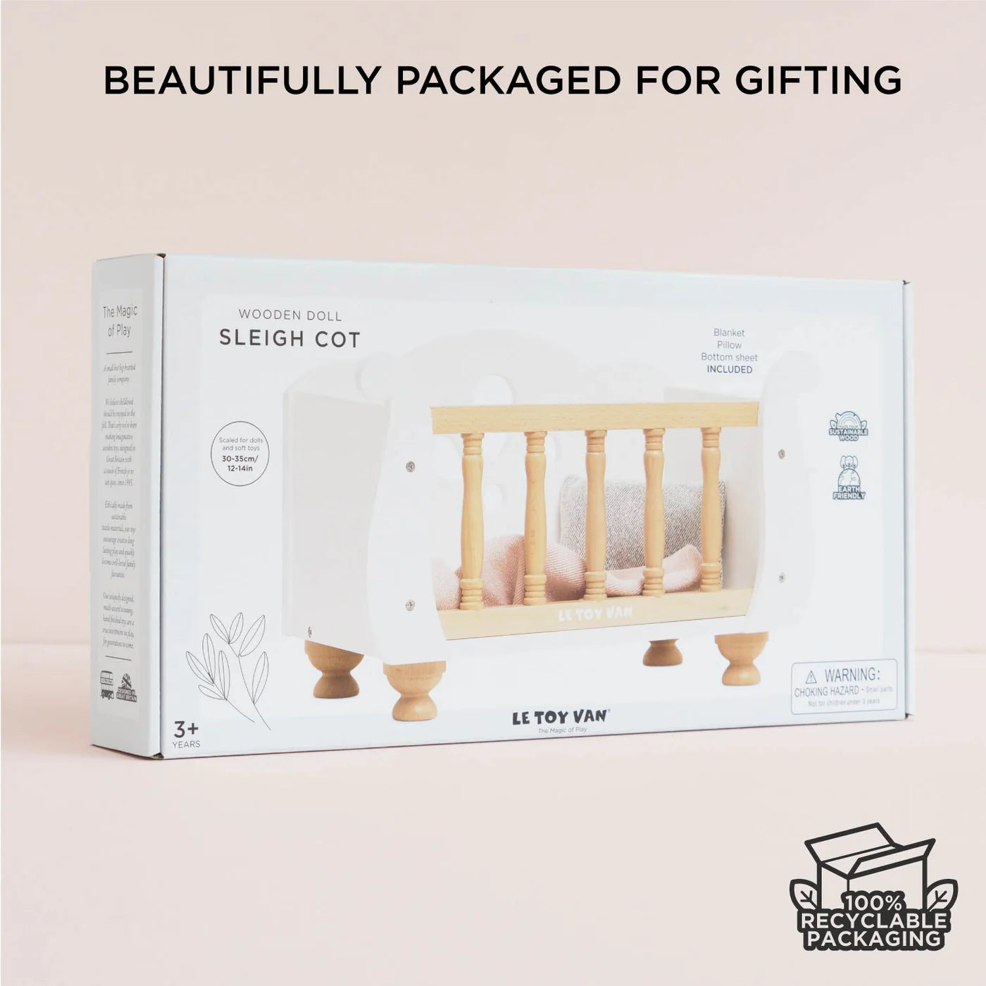 Le Toy Van Doll's Wooden Cot – for children, available at Learning Bugs UK