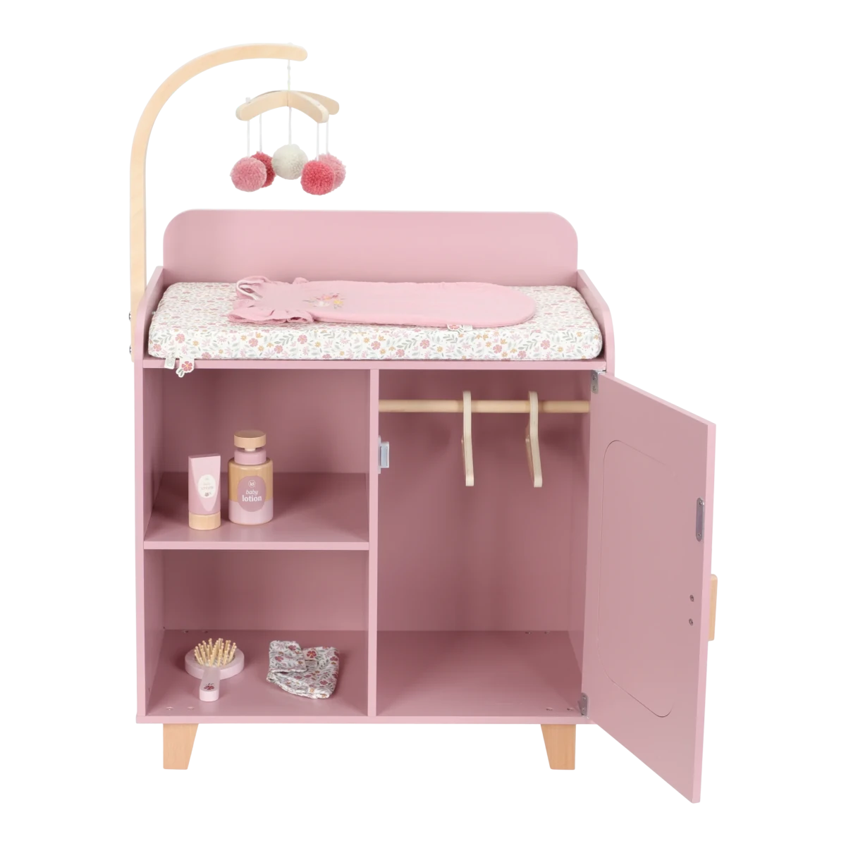 Pink children's play kitchen with shelves and a door open on a white background