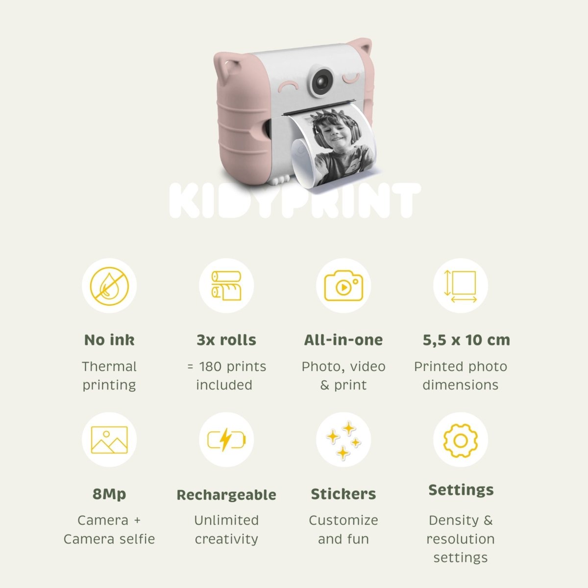KIDYPRINT Instant Thermal Printing Camera Pink – Photos & Video for children, available at Learning Bugs UK