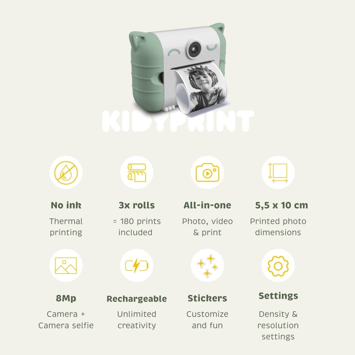 KIDYPRINT Instant Thermal Printing Camera Green – Photos & Video for children, available at Learning Bugs UK