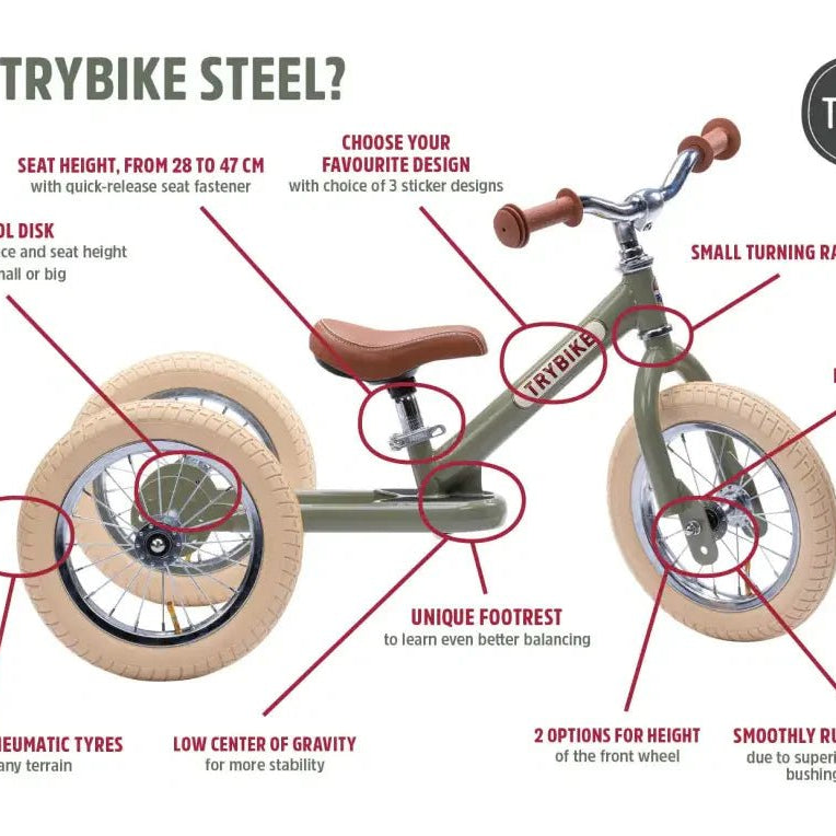 Trybike Steel White Balance Bike – for children, available at Learning Bugs UK