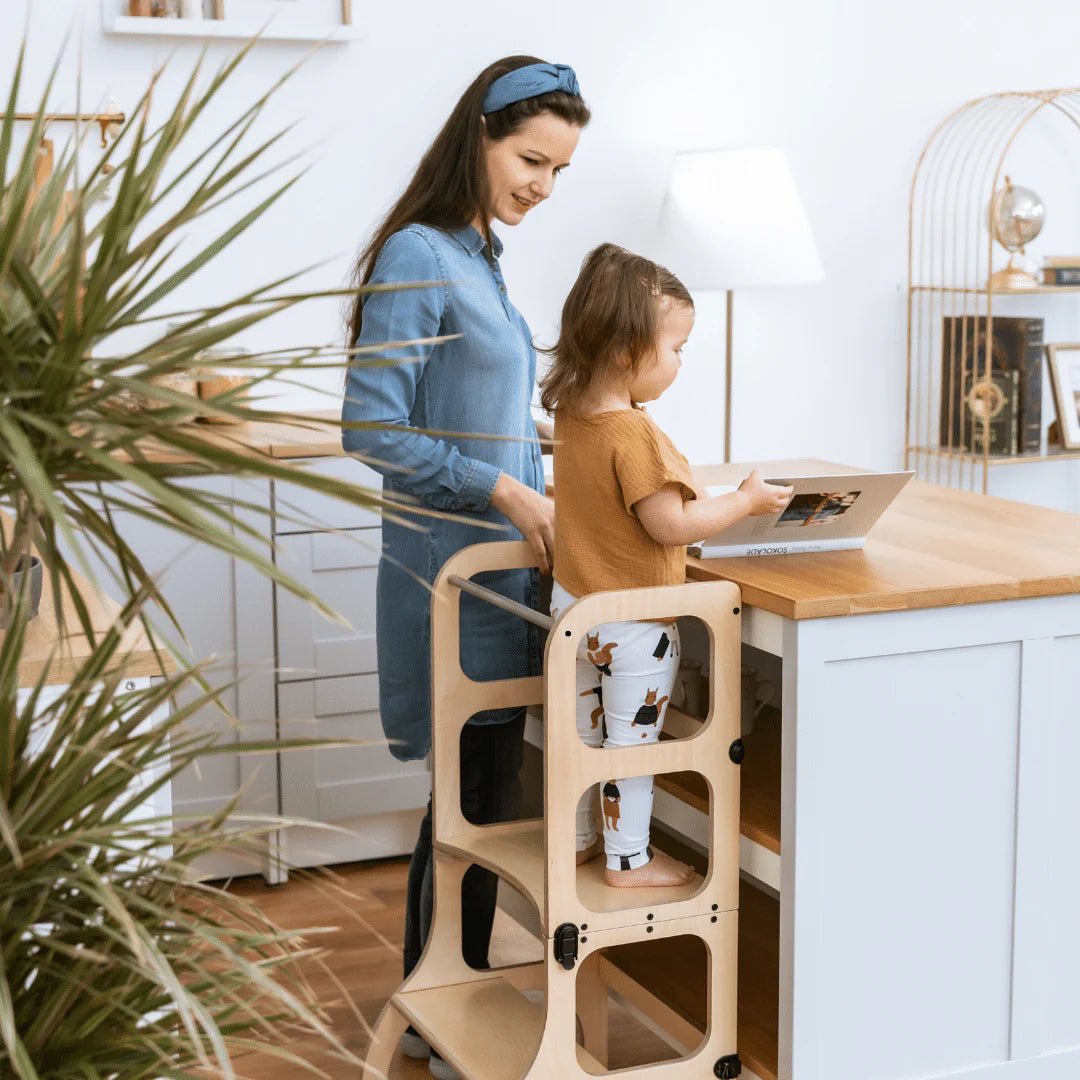Ette Tete STEP'n'SIT Wooden Helper Tower 2 in 1 with Antique Brass – for children, available at Learning Bugs UK