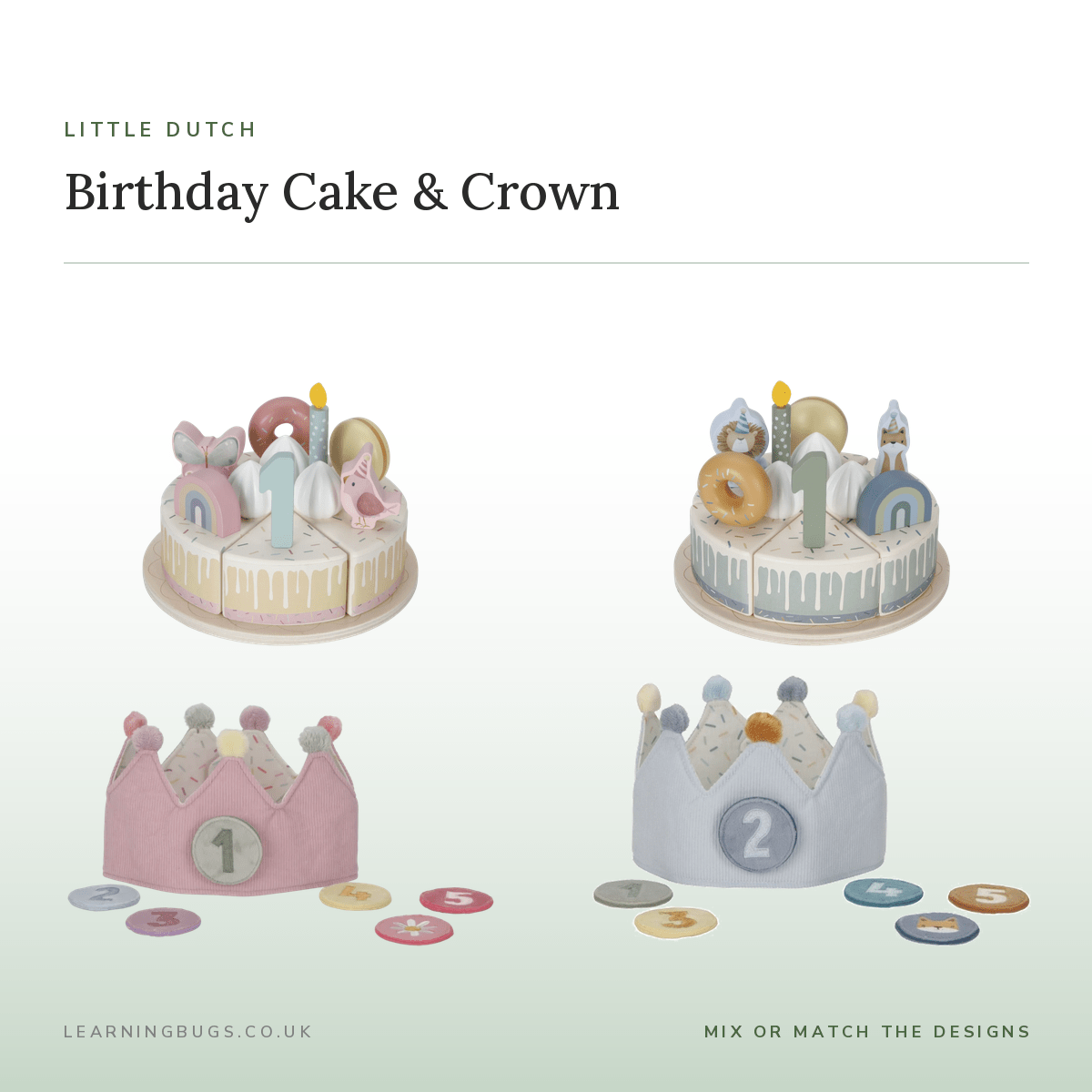 Little Dutch Birthday Crown & Wooden Birthday Cake Toy Set | Pink or Blue, Mix or Match – Fancy Dress for children, available at Learning Bugs UK