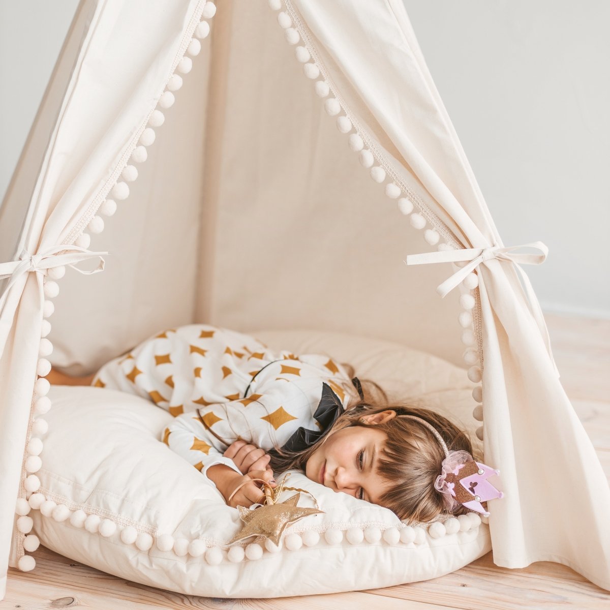 MINICAMP Large Floor Cushion with Pom Poms in Ecru – Floor Pillows for children, available at Learning Bugs UK