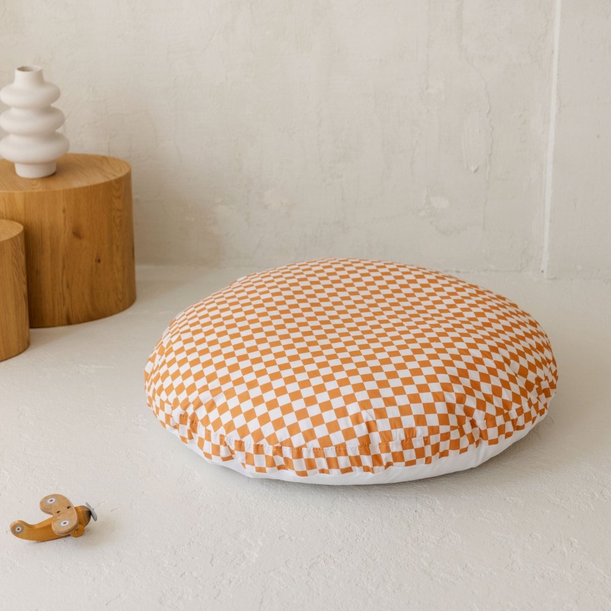 MINICAMP Checkered Large Kids Floor Cushion in Off-white and Orange – Floor Pillows for children, available at Learning Bugs UK