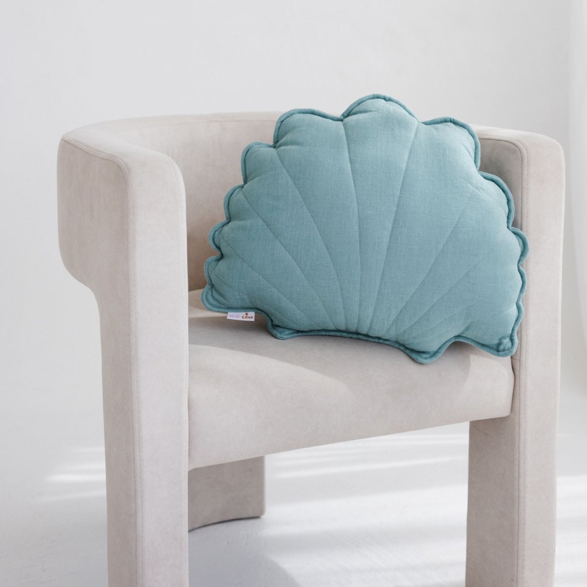 MINICAMP Linen Sea Shell Pillow – Mint Throw Pillow for Coastal & Beach Decor – Decorative Pillows for children, available at Learning Bugs UK