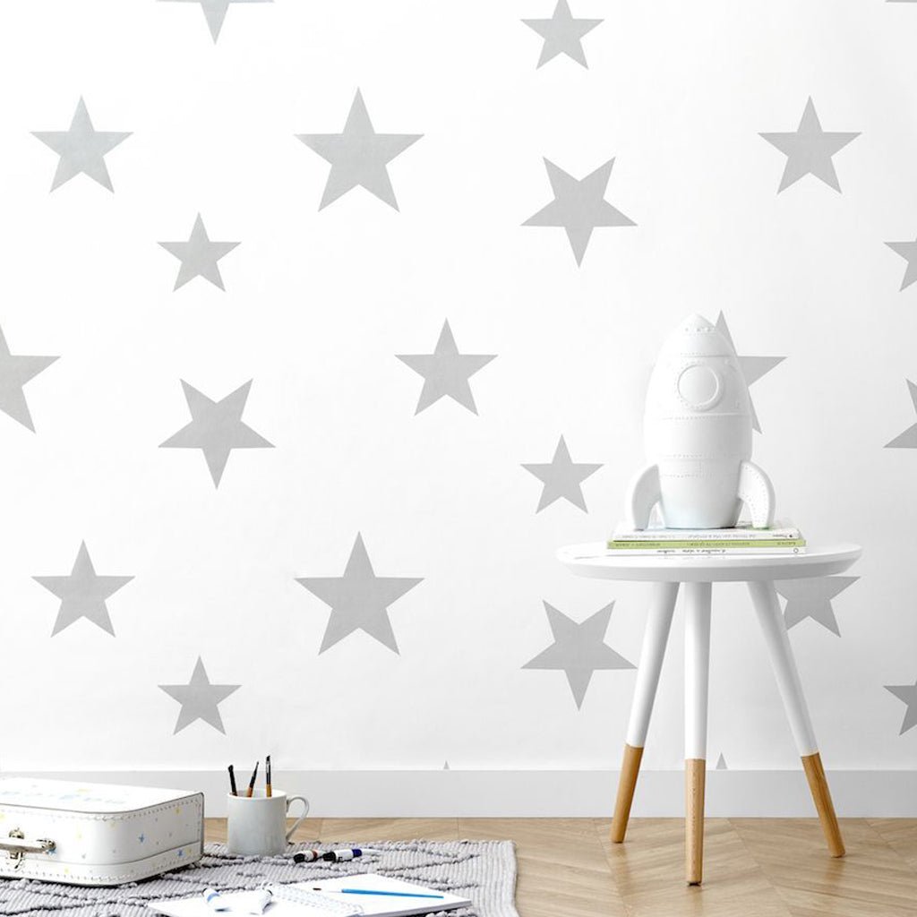 Hibou Design Stars Wallpaper - Silver/White – Wallpaper for children, available at Learning Bugs UK