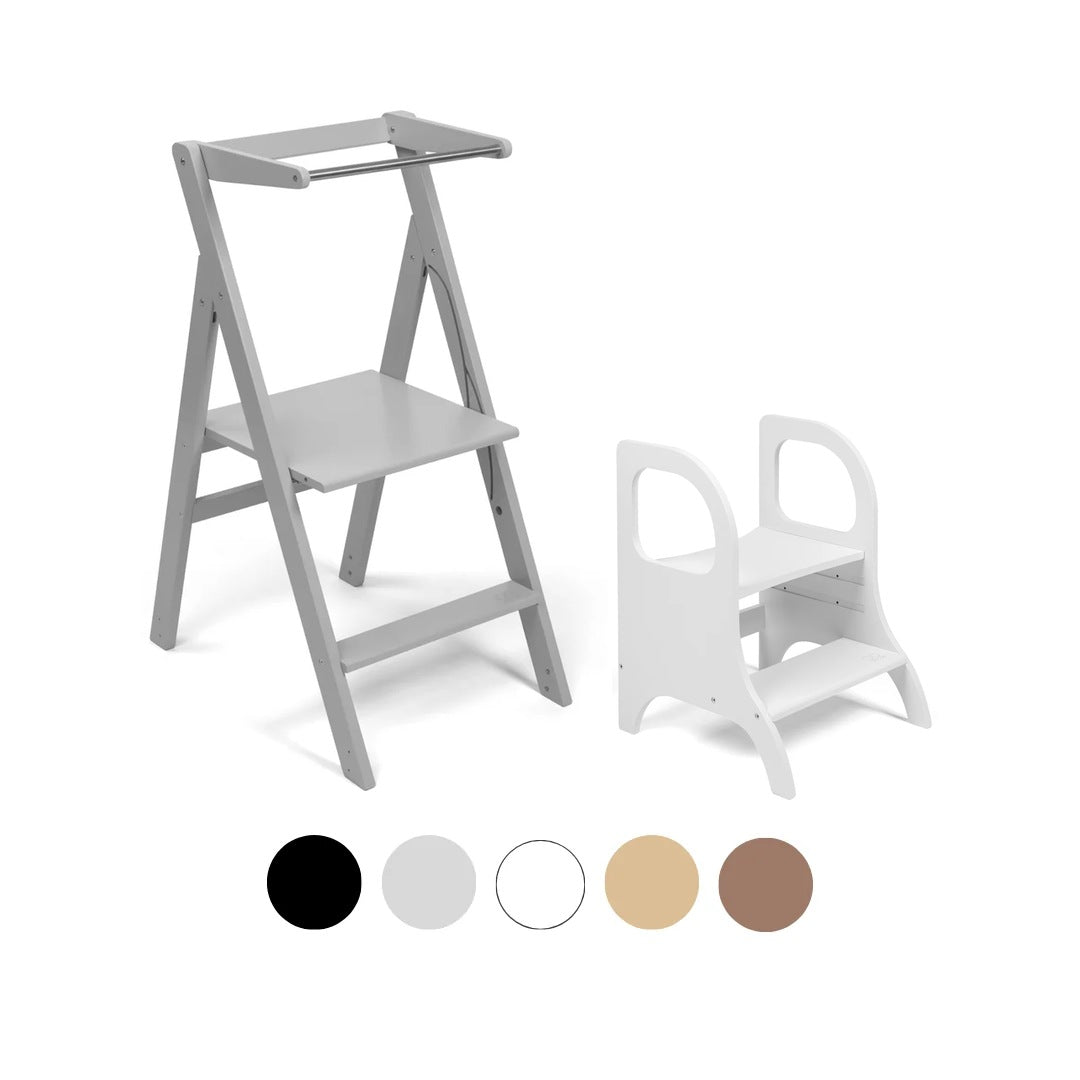 Ette Tete STEP'n'FOLD foldable learning tower in Grey with MIIMO step stool in White