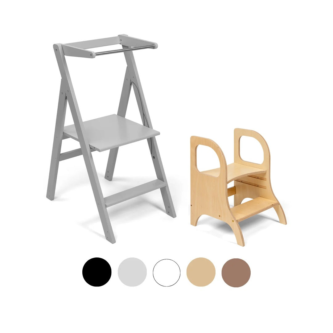 Ette Tete STEP'n'FOLD foldable learning tower in Grey with MIIMO step stool in Wooden