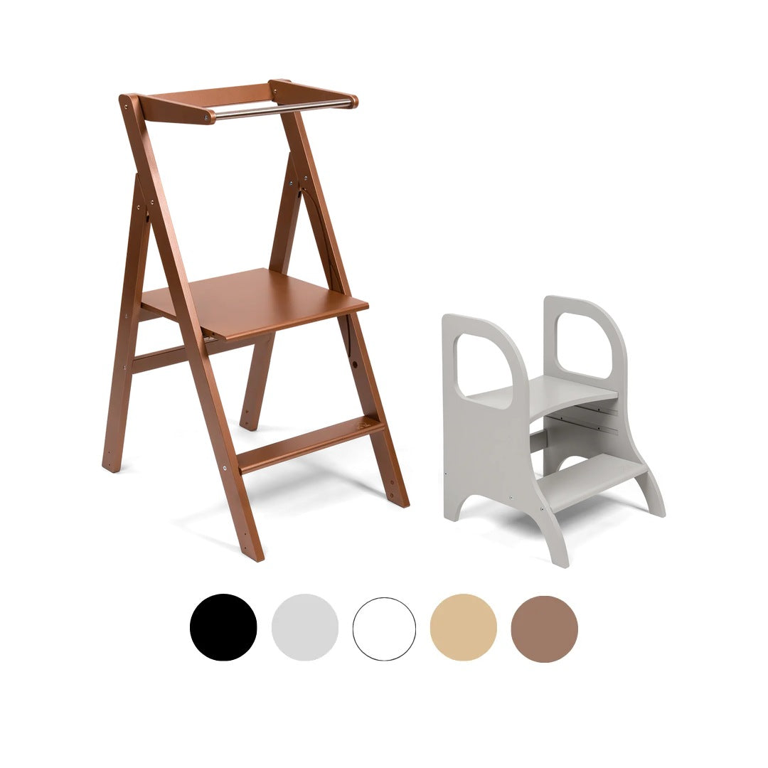 Ette Tete STEP'n'FOLD foldable learning tower in Mocha with MIIMO step stool in Grey