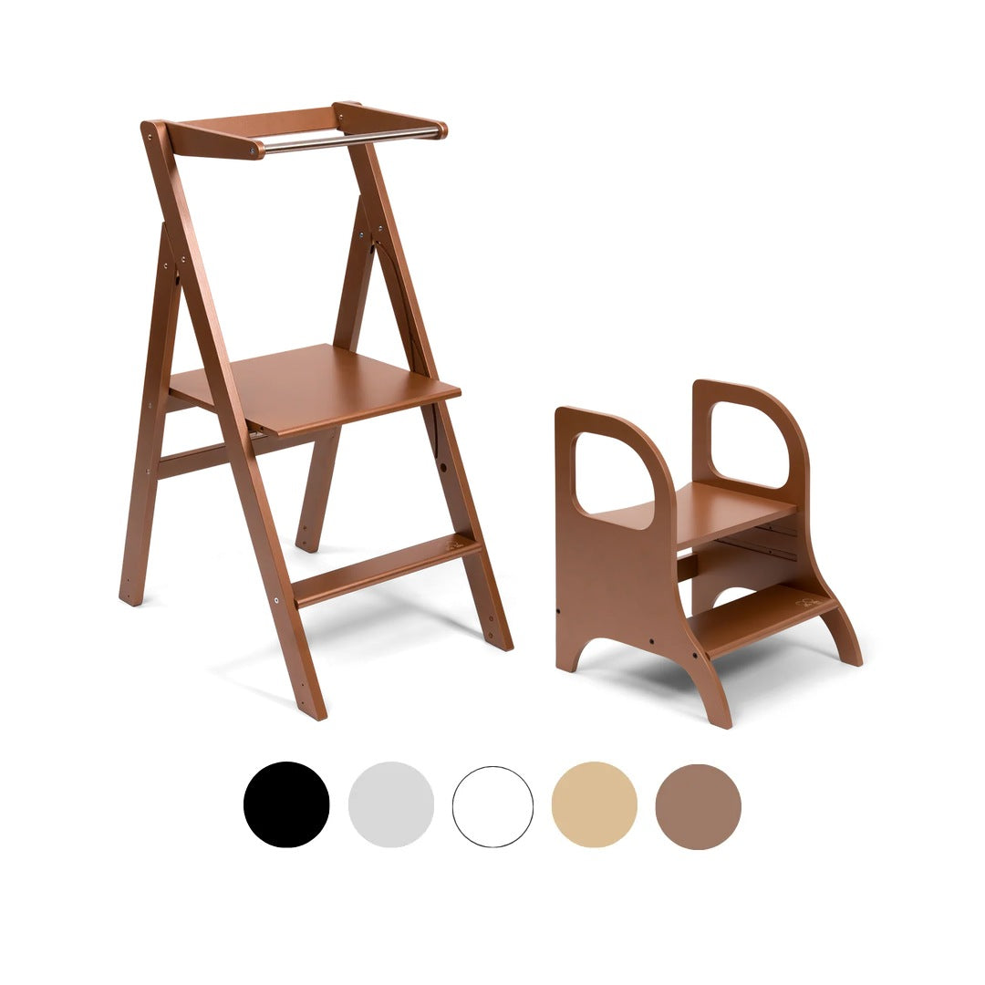 Ette Tete STEP'n'FOLD foldable learning tower in Mocha with MIIMO step stool in Mocha