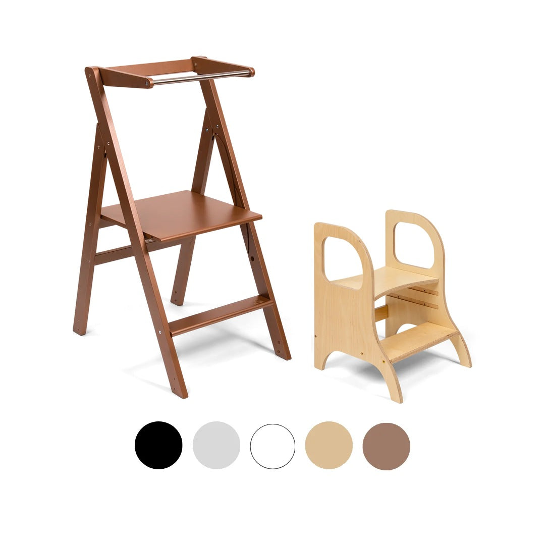 Ette Tete STEP'n'FOLD foldable learning tower in Mocha with MIIMO step stool in Wooden