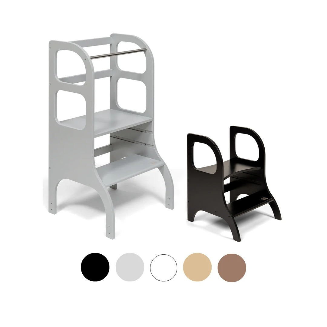 Ette Tete STEP UP learning tower in Grey with MIIMO step stool in Black