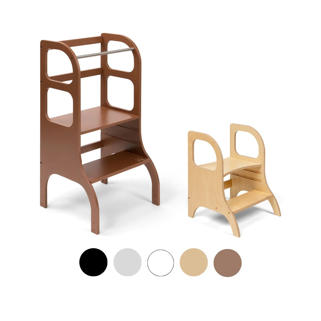 Ette Tete STEP UP learning tower in Mocha with MIIMO step stool in Wooden