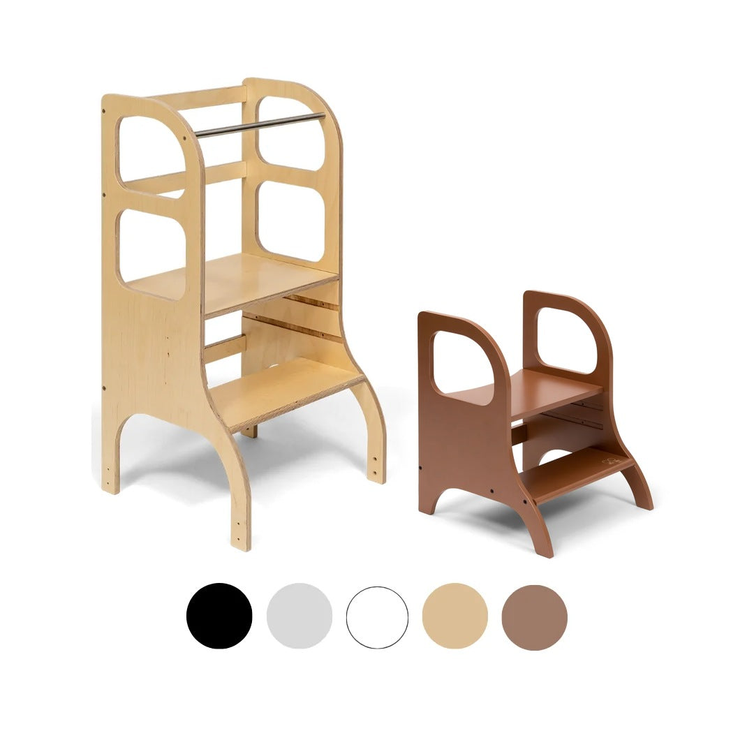 Ette Tete STEP UP learning tower in Wooden with MIIMO step stool in Mocha