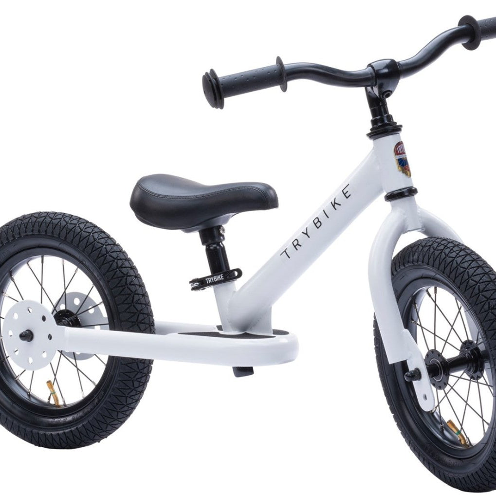 Trybike Steel White Balance Bike – for children, available at Learning Bugs UK