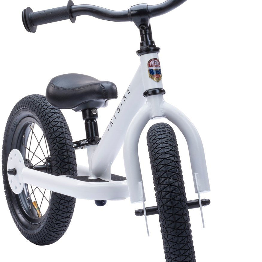 Trybike Steel White Balance Bike – for children, available at Learning Bugs UK