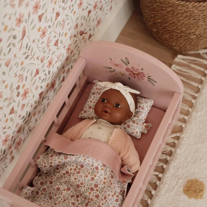 Wooden Doll Bed FSC With Textiles – for children, available at Learning Bugs UK
