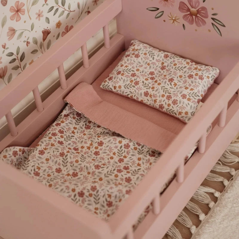 Wooden Doll Bed FSC With Textiles – for children, available at Learning Bugs UK