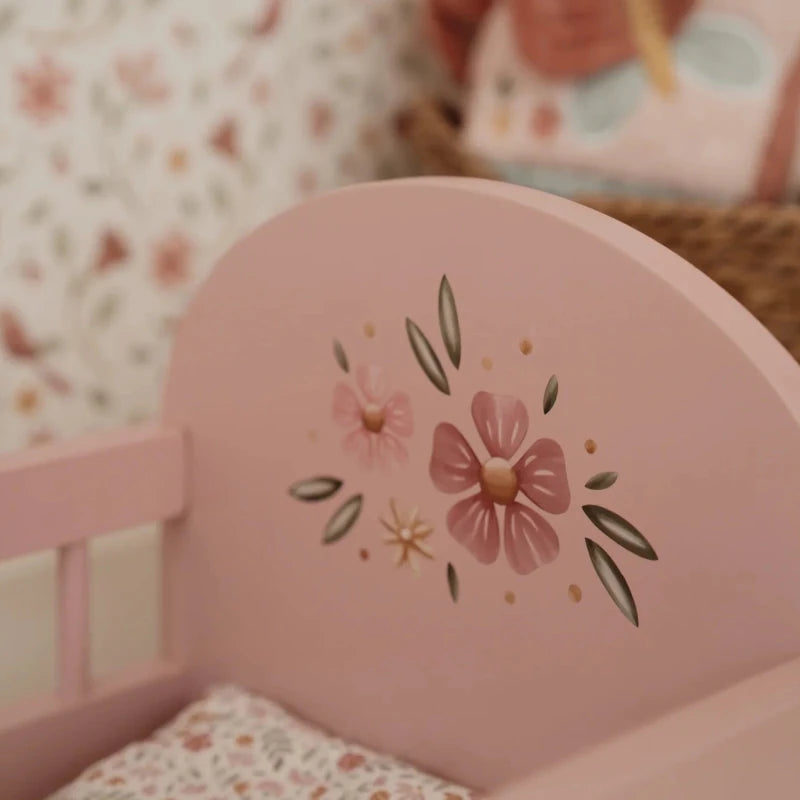 Wooden Doll Bed FSC With Textiles – for children, available at Learning Bugs UK