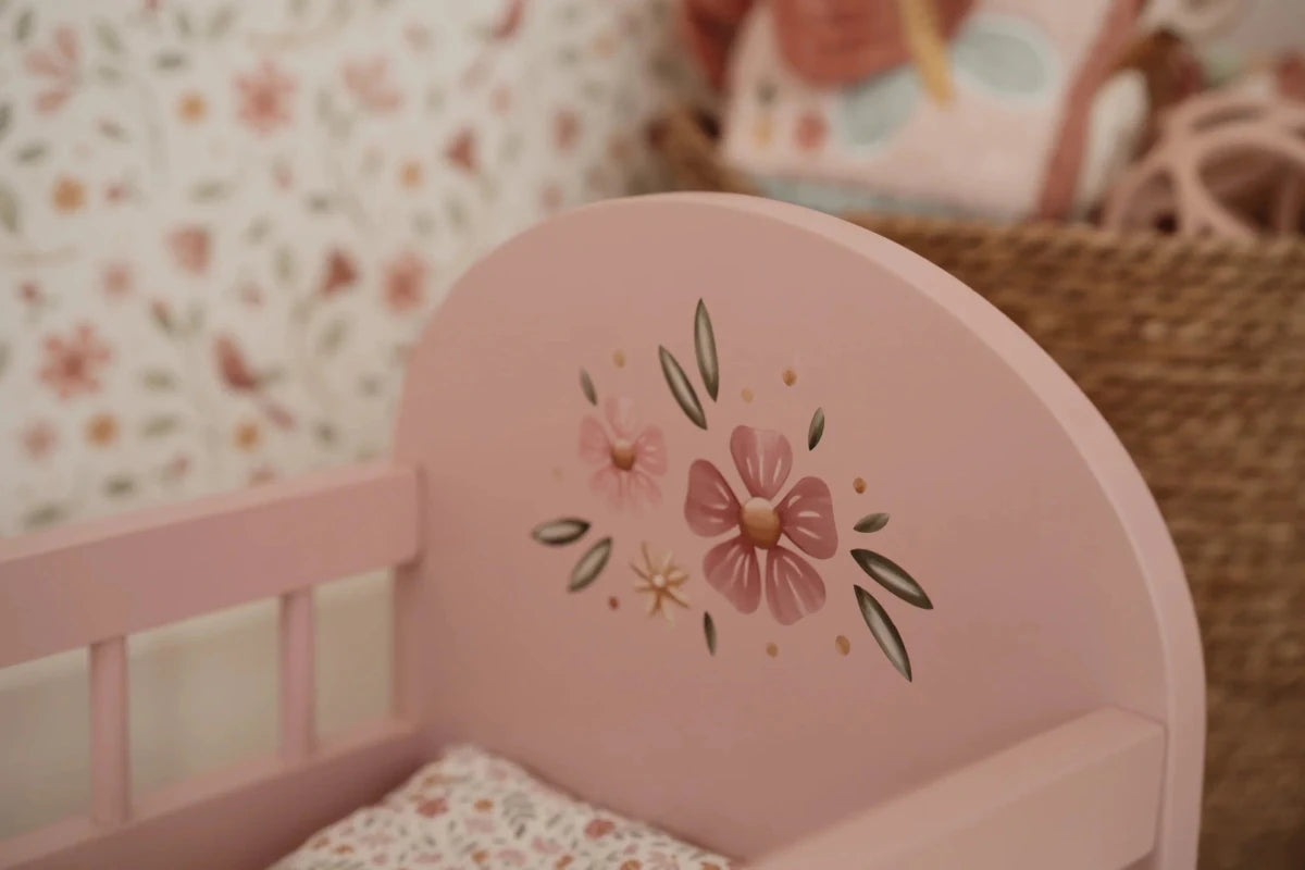 Wooden Doll Bed FSC With Textiles – for children, available at Learning Bugs UK