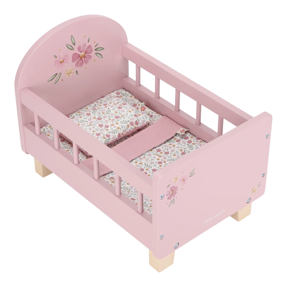 Wooden Doll Bed FSC With Textiles – for children, available at Learning Bugs UK