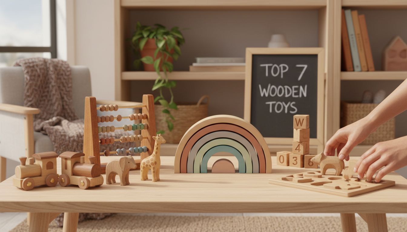 Seven curated wooden toys in bright playroom