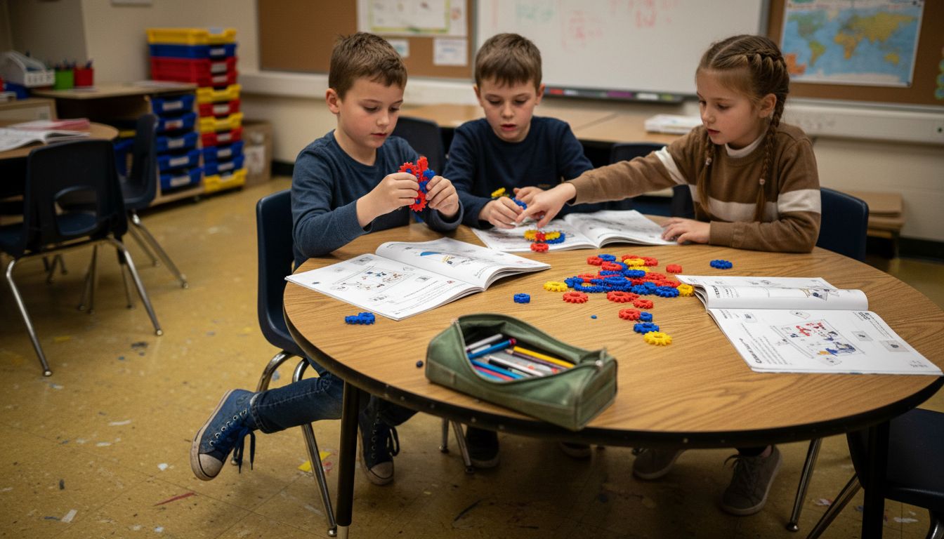 Children assembling science kits in classroom
