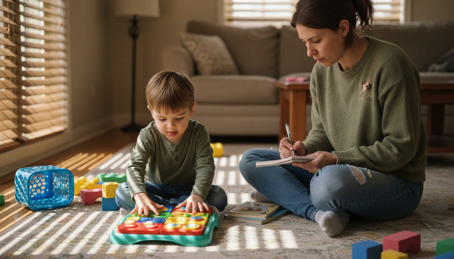 Child exploring sensory toy in cozy family room