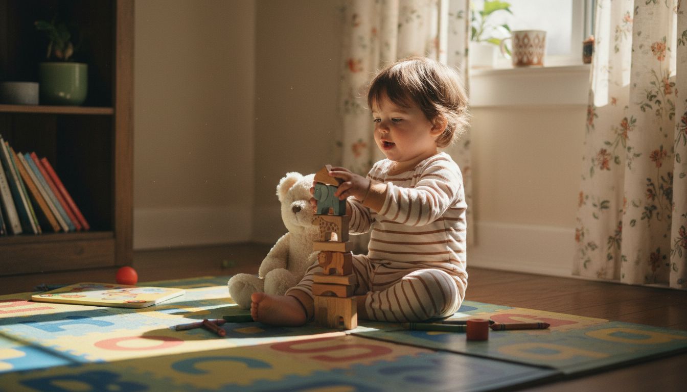 Toddler playing with toys practicing speech