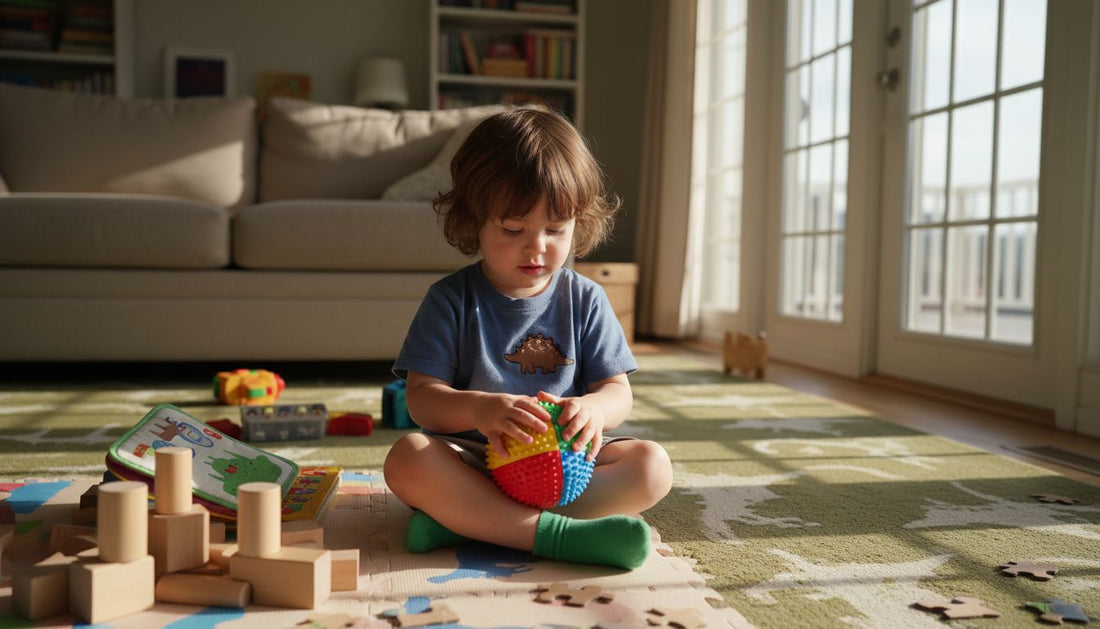 Child playing with sensory toys in bright living room