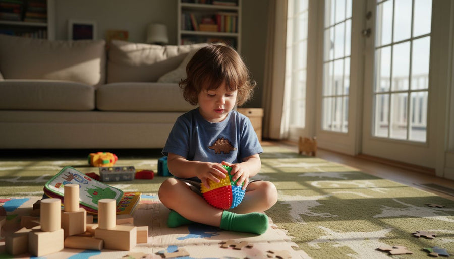 Child playing with sensory toys in bright living room