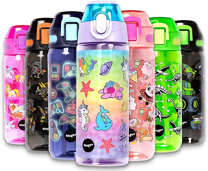 Fringoo Kids Water Bottle with Straw 100% Leak Proof BPA Free 600ml Bottle for School Nursery Travel Kids Narwhal & Seahorse 600ml