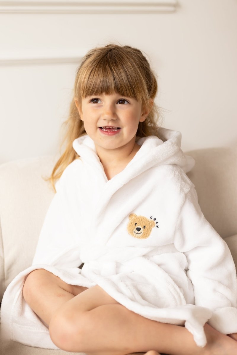 COZY Bear Hooded Dressing Gown Bear Ears - White – Bathrobes & Towels for children, available at Learning Bugs UK