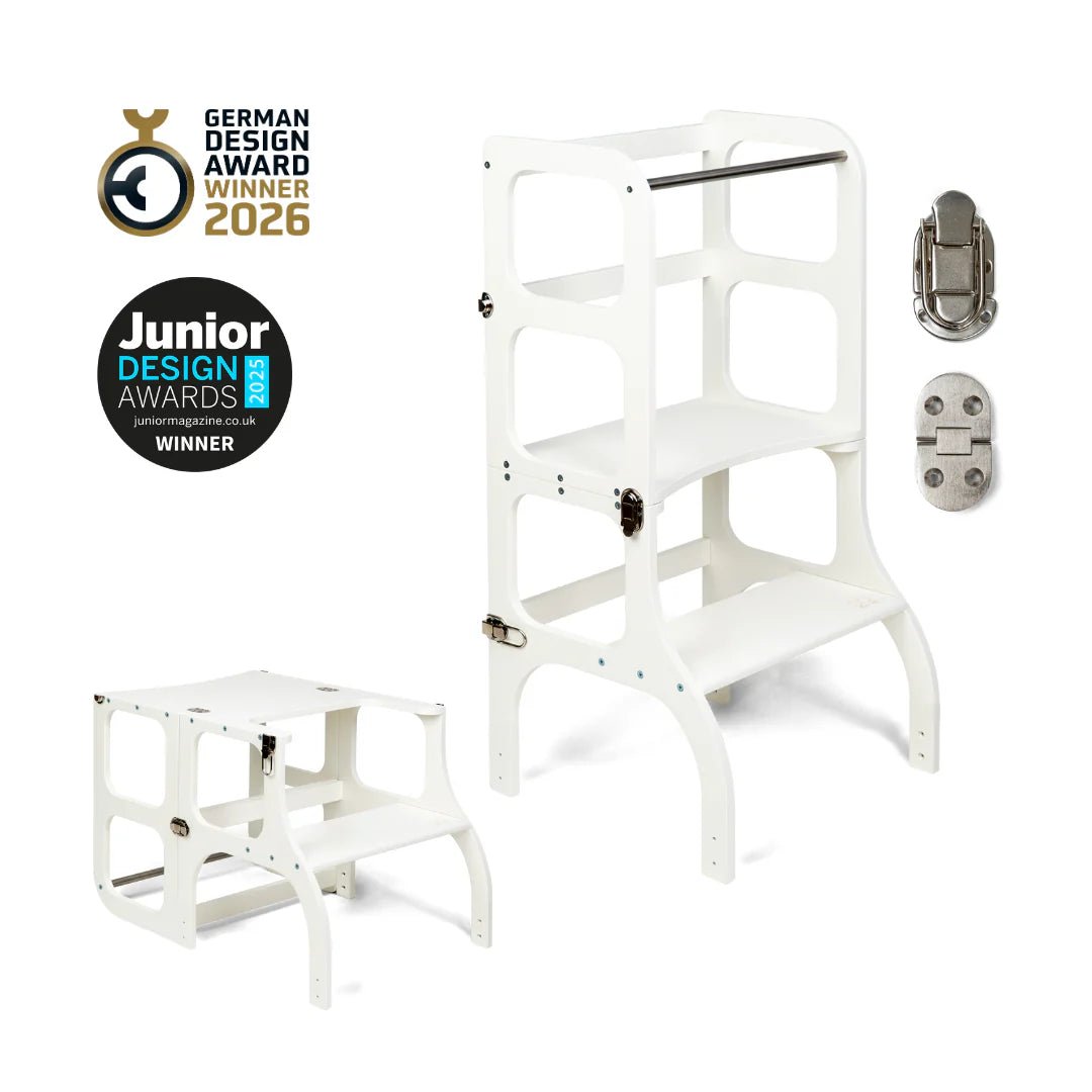 Ette Tete White 2 in 1 Learning Tower with Silver Catches – for children, available at Learning Bugs UK