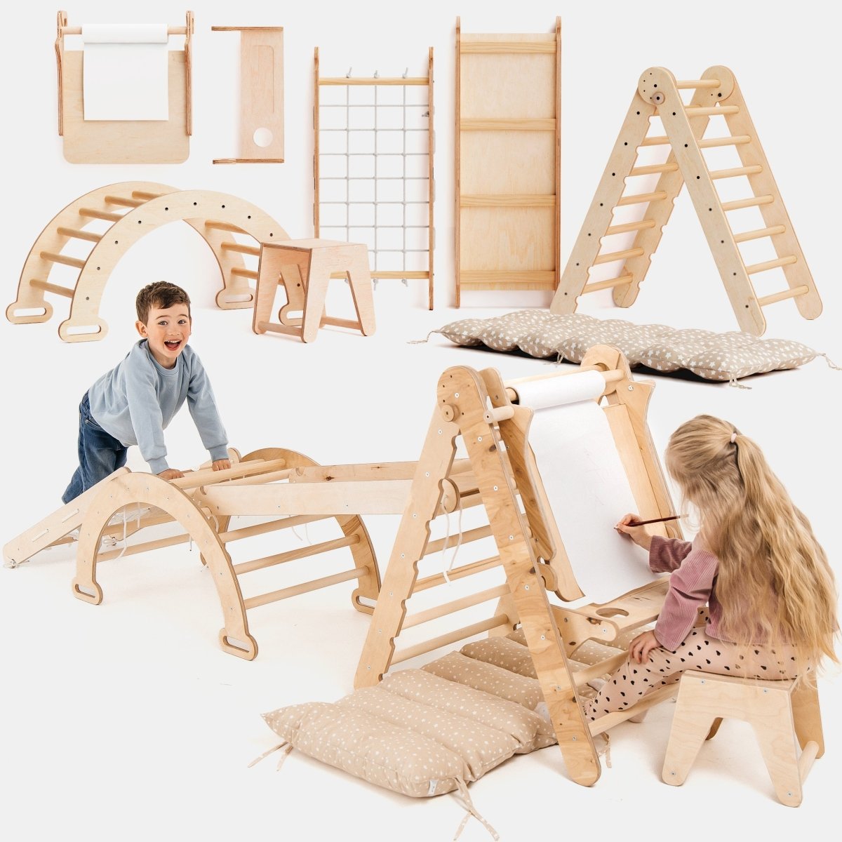 Goodevas 6in1 Montessori Climbing Frame with Slide, Net & Art Board – 6in1 Playsets for children, available at Learning Bugs UK