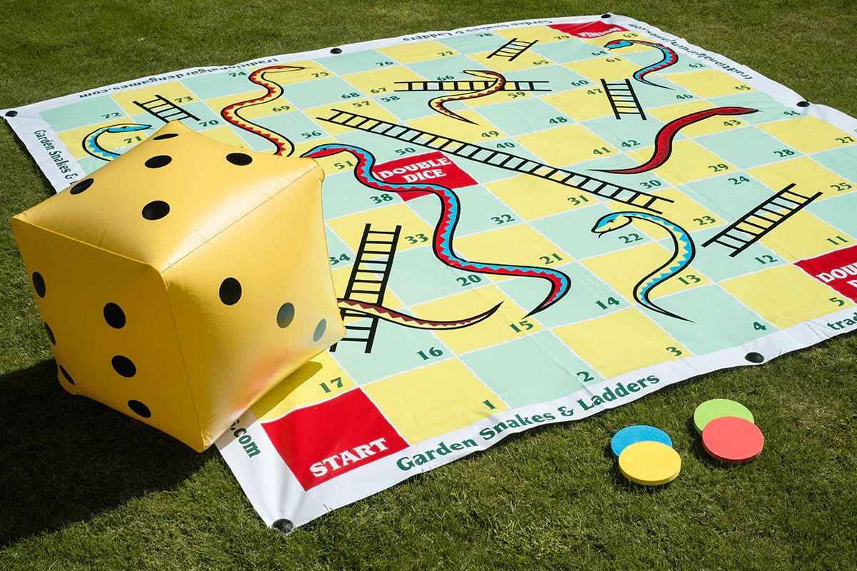 Garden Snakes and Ladders 2m x 2m - Inflatable Dice & Oversized Counters by Traditional Garden Games - Learning Bugs UK
