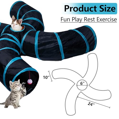 EGETOTA Cat Tunnel for Indoor Cats Large, with Play Ball S-Shape 4 Way Collapsible Interactive Peek Hole Pet Tube Toys, Puppy, Kitty, Kitten, Rabbit (S4 - Black & Blue)